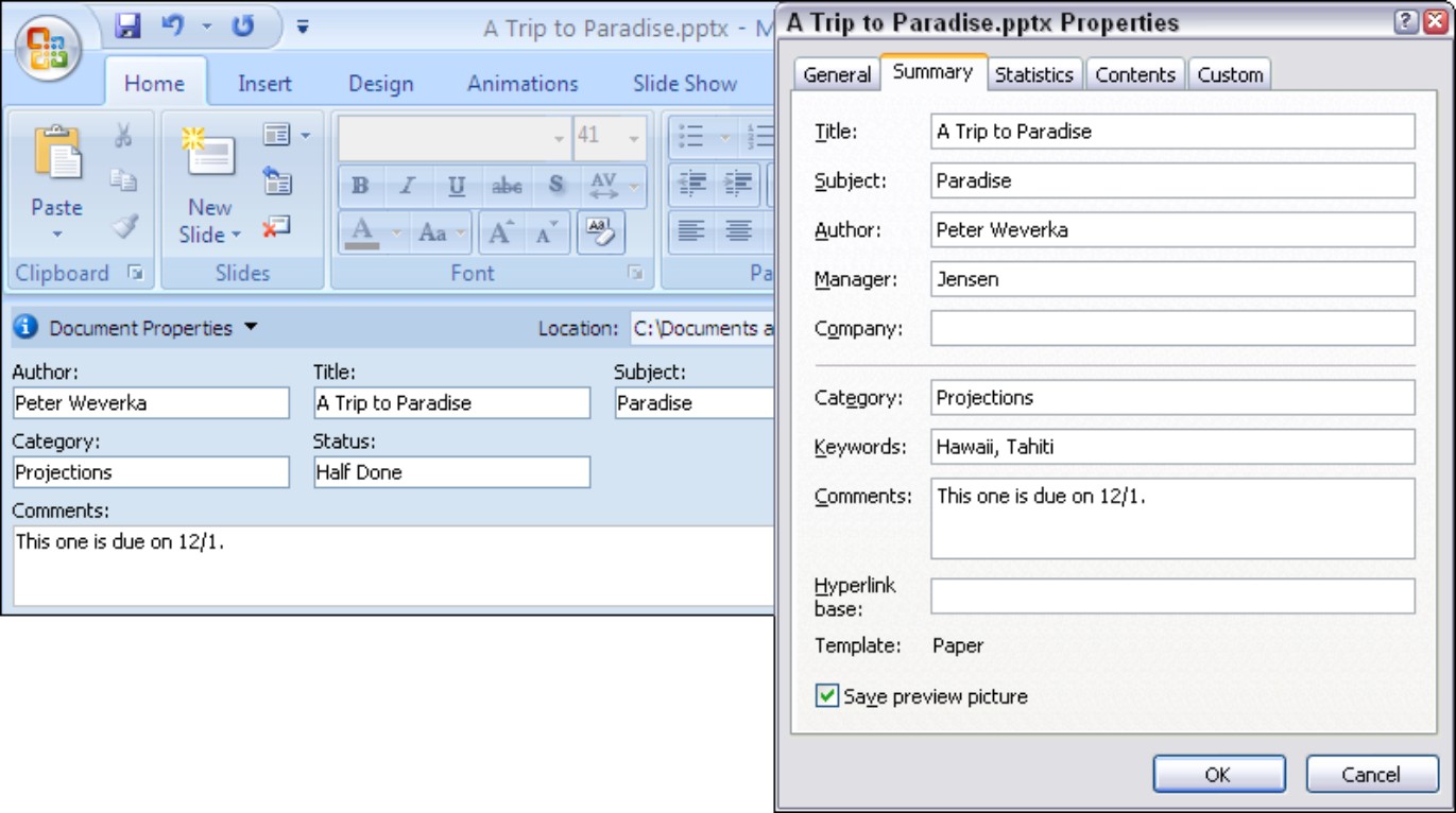 Figure 2-7: Enter document properties so that you can identify presentations.